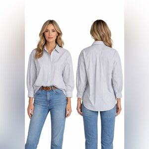 Ann Mashburn Mandarin Paulina Size XS Button Up Blue Striped Shirt Poplin